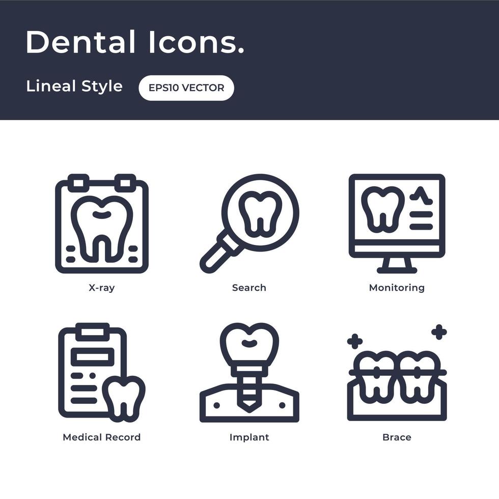 tandheelkundig pictogrammen schets stijl met röntgenfoto, zoeken, toezicht houden, medisch verslagen, implantaat, beugel vector