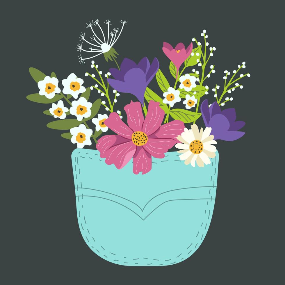 hand- getrokken bloemen en grassen bundel in jeans zak. vector illustratie