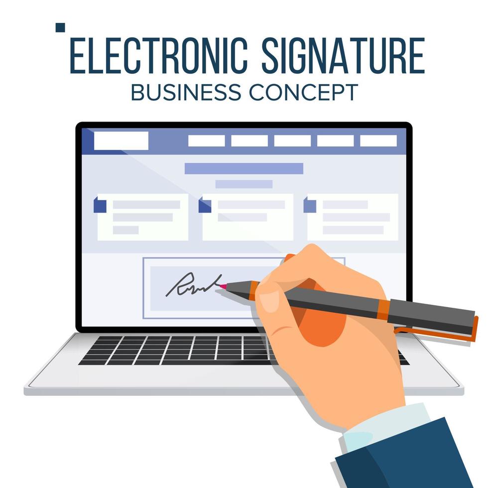 elektronisch handtekening laptop vector. financieel bedrijf overeenkomst. web contract. online document. geïsoleerd vlak illustratie vector