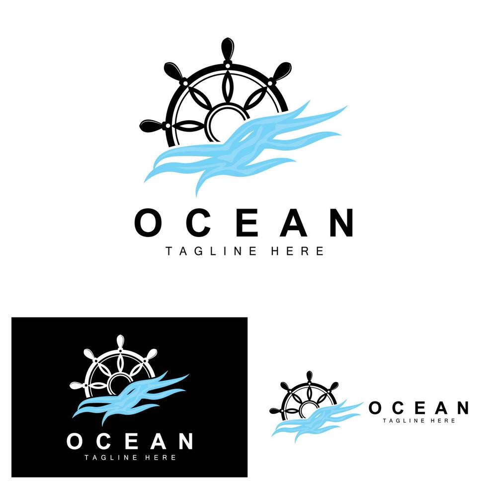 schip stuurinrichting logo, oceaan pictogrammen schip stuurinrichting vector met oceaan golven, zeilboot anker en touw, bedrijf merk het zeilen ontwerp