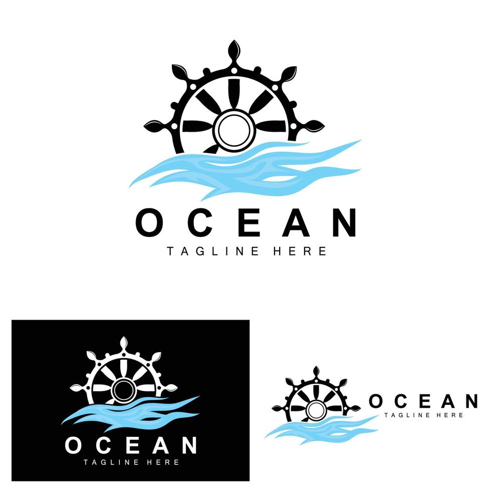 schip stuurinrichting logo, oceaan pictogrammen schip stuurinrichting vector met oceaan golven, zeilboot anker en touw, bedrijf merk het zeilen ontwerp