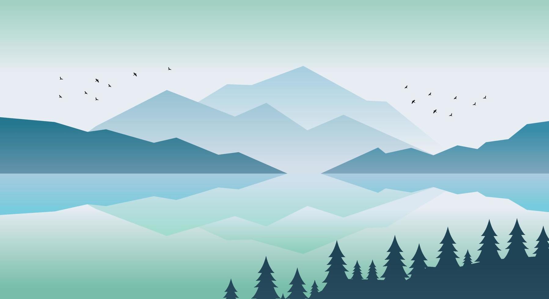 vector illustratie van silhouet natuur landschap met pijnboom bomen, heuvels, bergen, meer, lucht en vogelstand
