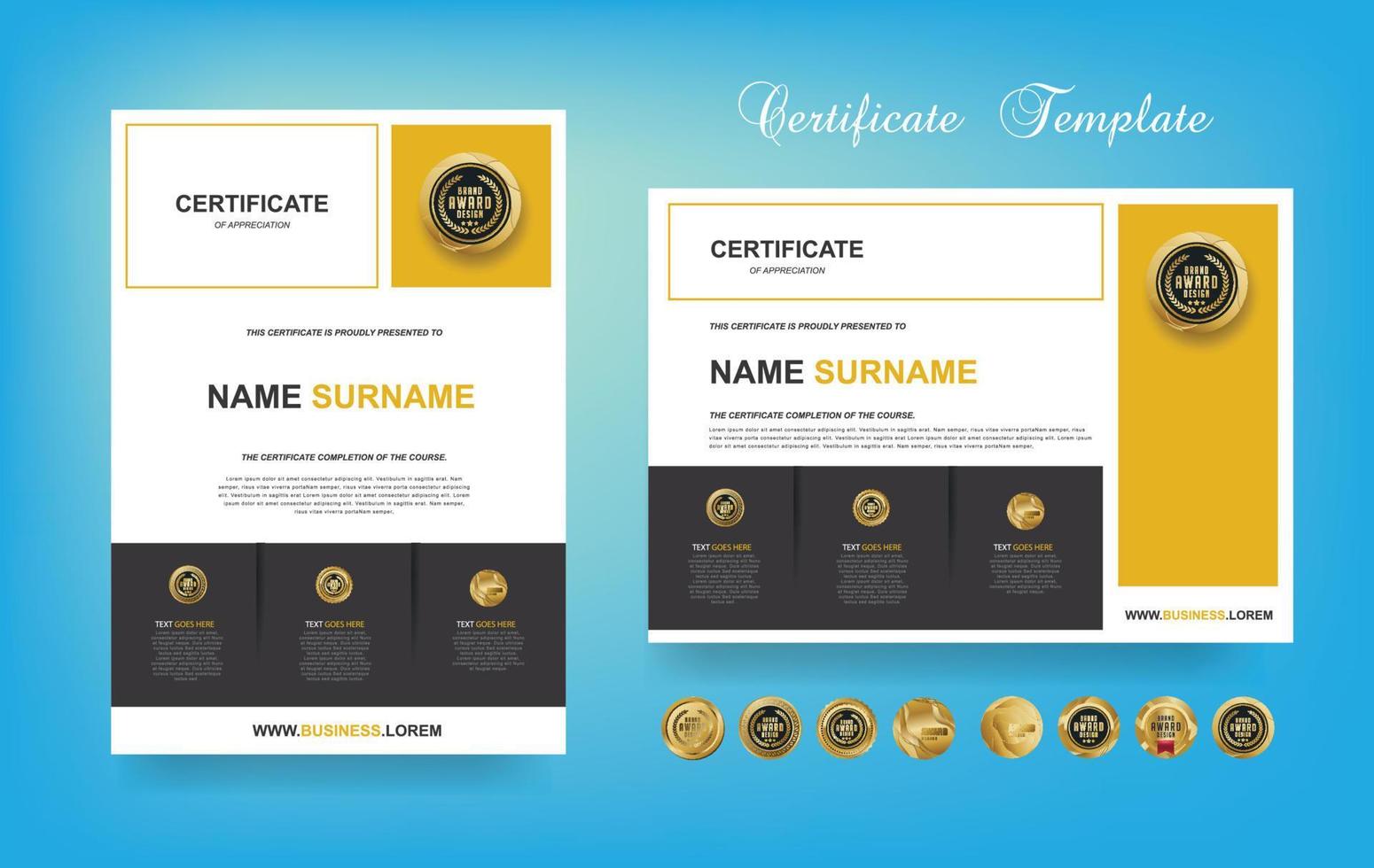 certificaat van waardering of prijs diploma sjabloon ontwerp en vector gouden luxe premie badges