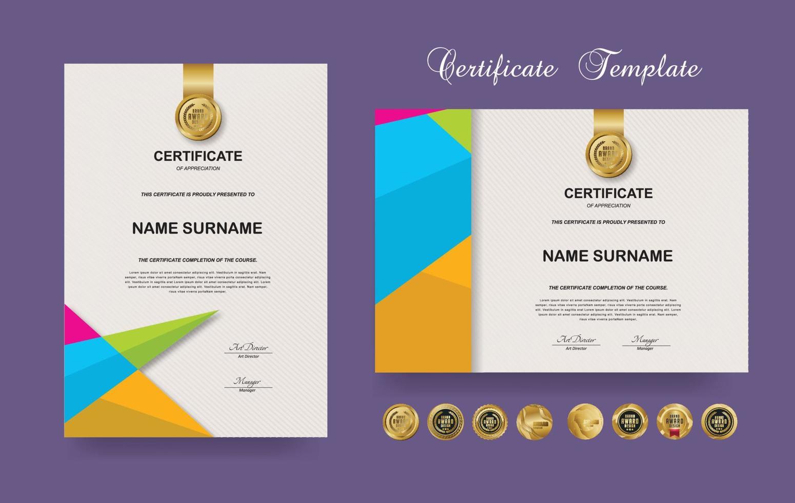 certificaat van waardering of prijs diploma sjabloon ontwerp en vector gouden luxe premie badges