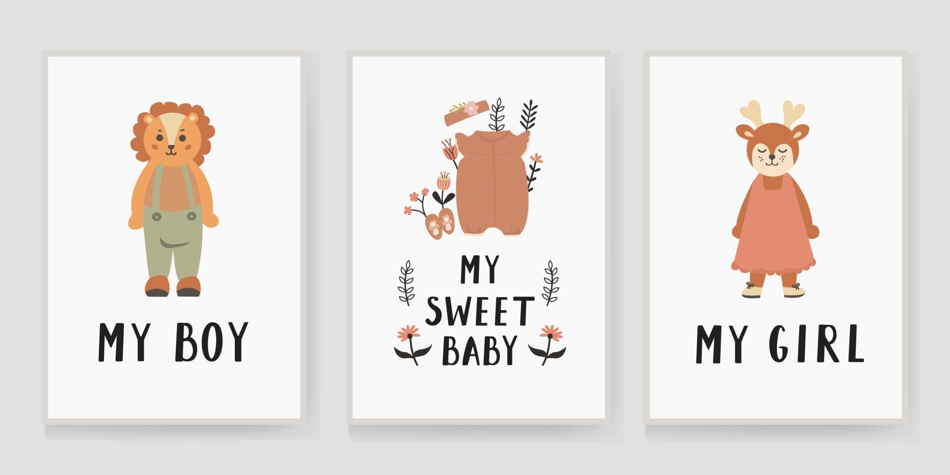 vector poster van mijn kind, mijn zoet baby, mijn jongen en meisje, met een kalligrafische samenstelling, en bloemen elementen. wit achtergrond voor baby douche. aankomst van de kind. tekenfilm vector illustratie.