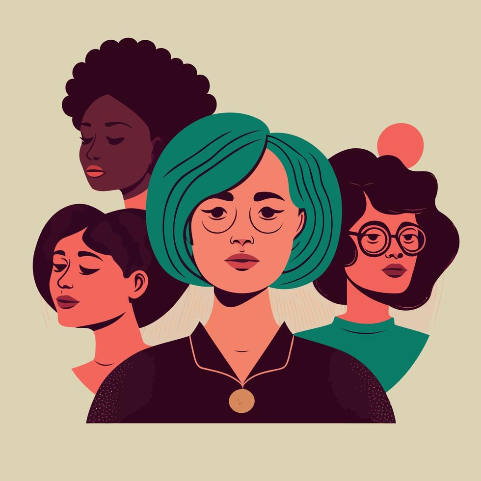 groep van volwassen Dames illustreren Internationale vrouwen dag met fictief tekens vector