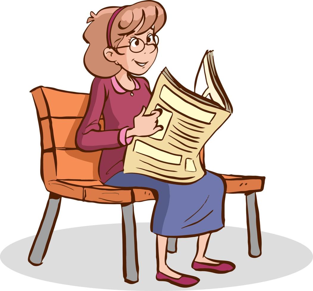 vrouw zittend Aan bank lezing krant- tekenfilm vector