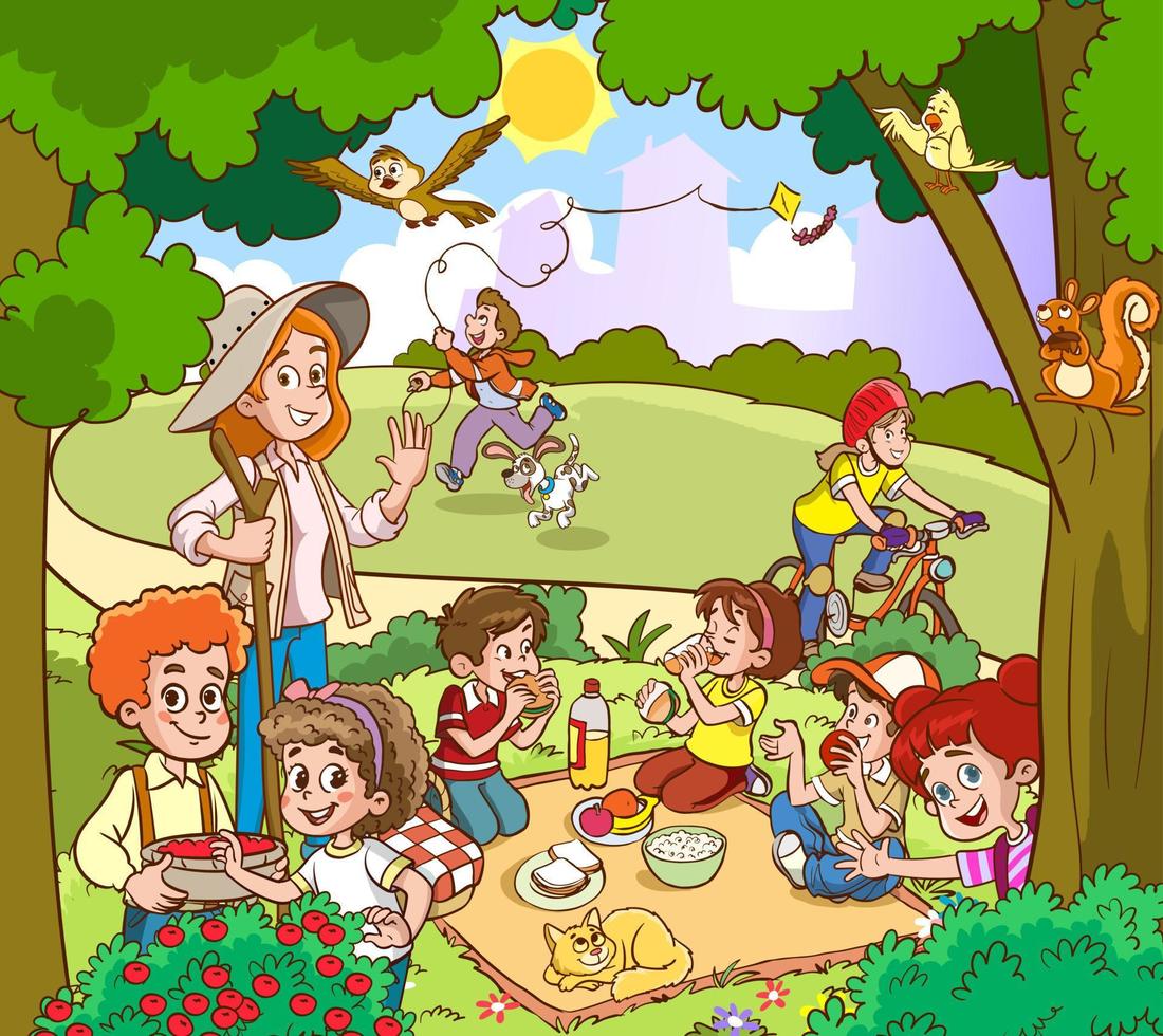 schattig weinig kinderen picknick samen tekenfilm vector