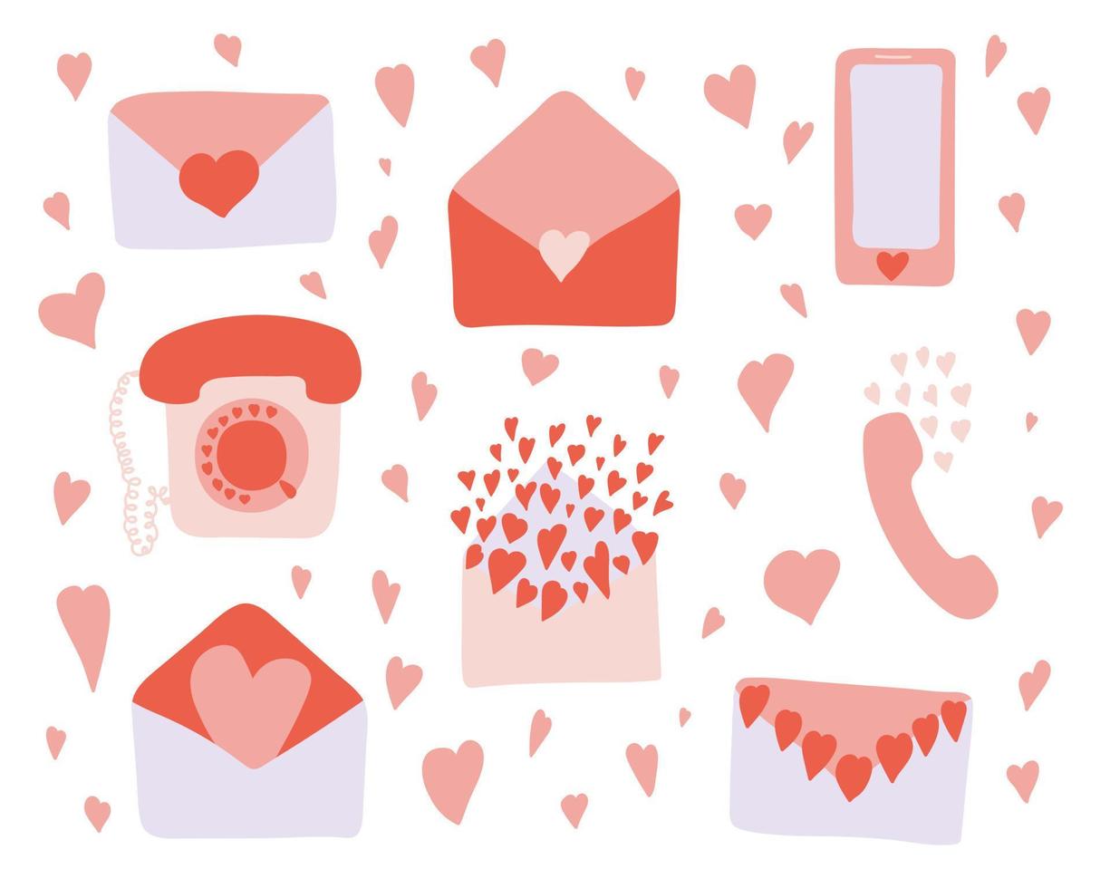 liefde elementen vector set. hand- getrokken enveloppen, telefoons met schattig harten Aan wit achtergrond. valentijnsdag dag groet kaarten, partij decor.