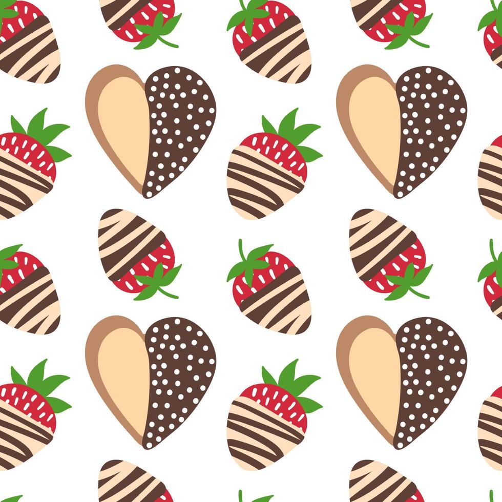 aardbei en koekje. tekening aardbei in chocola en hart koekje achtergrond. vector naadloos patroon.