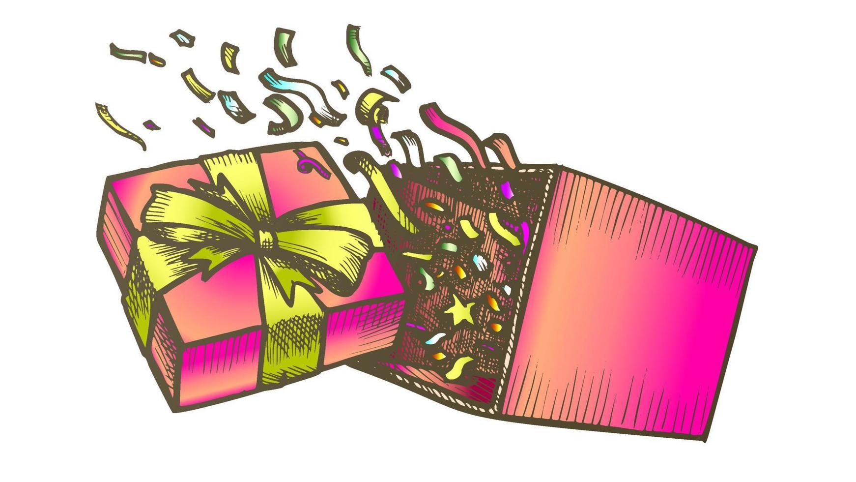 geopend geschenk doos met confetti explosie kleur vector