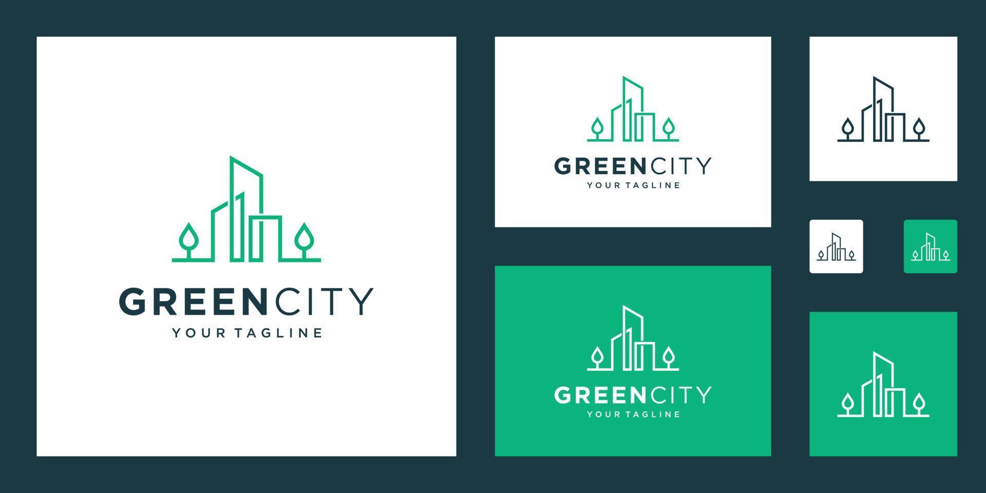 groen stad logo ontwerp vector sjabloon gebouw. minimalistische schets symbool voor milieuvriendelijk vriendelijk gebouwen.