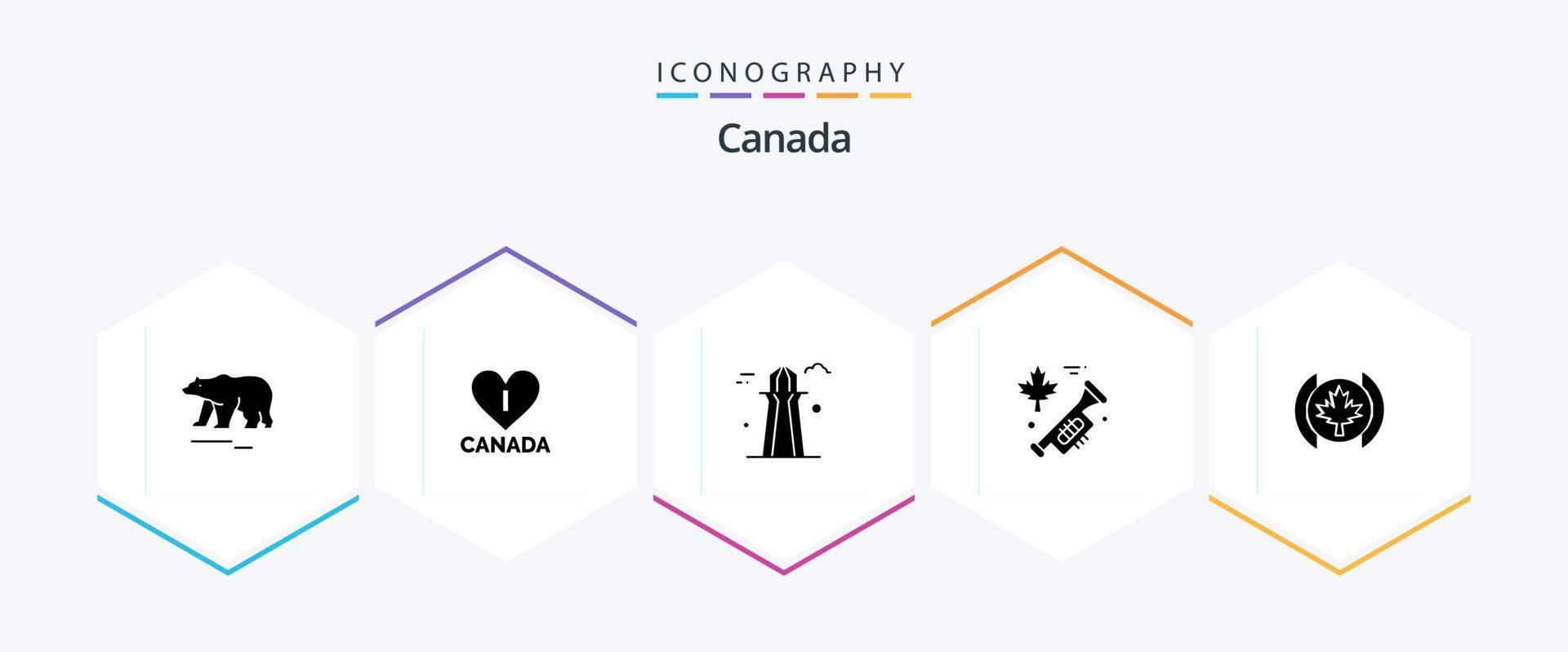 Canada 25 glyph icoon pak inclusief . blad. co toren. vlag. spreker vector