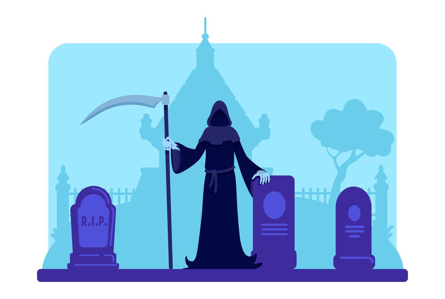 onverbiddelijke reaper met zeis op begraafplaats vector
