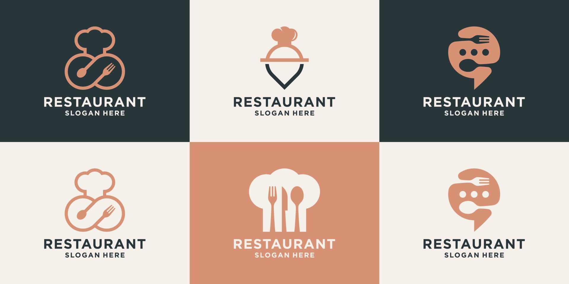 reeks van creatief restaurant logo ontwerp sjabloon. voedsel logo met combineren pictogrammen oneindigheid, pin plaats, praten, chef hoed, vork, lepel. vector