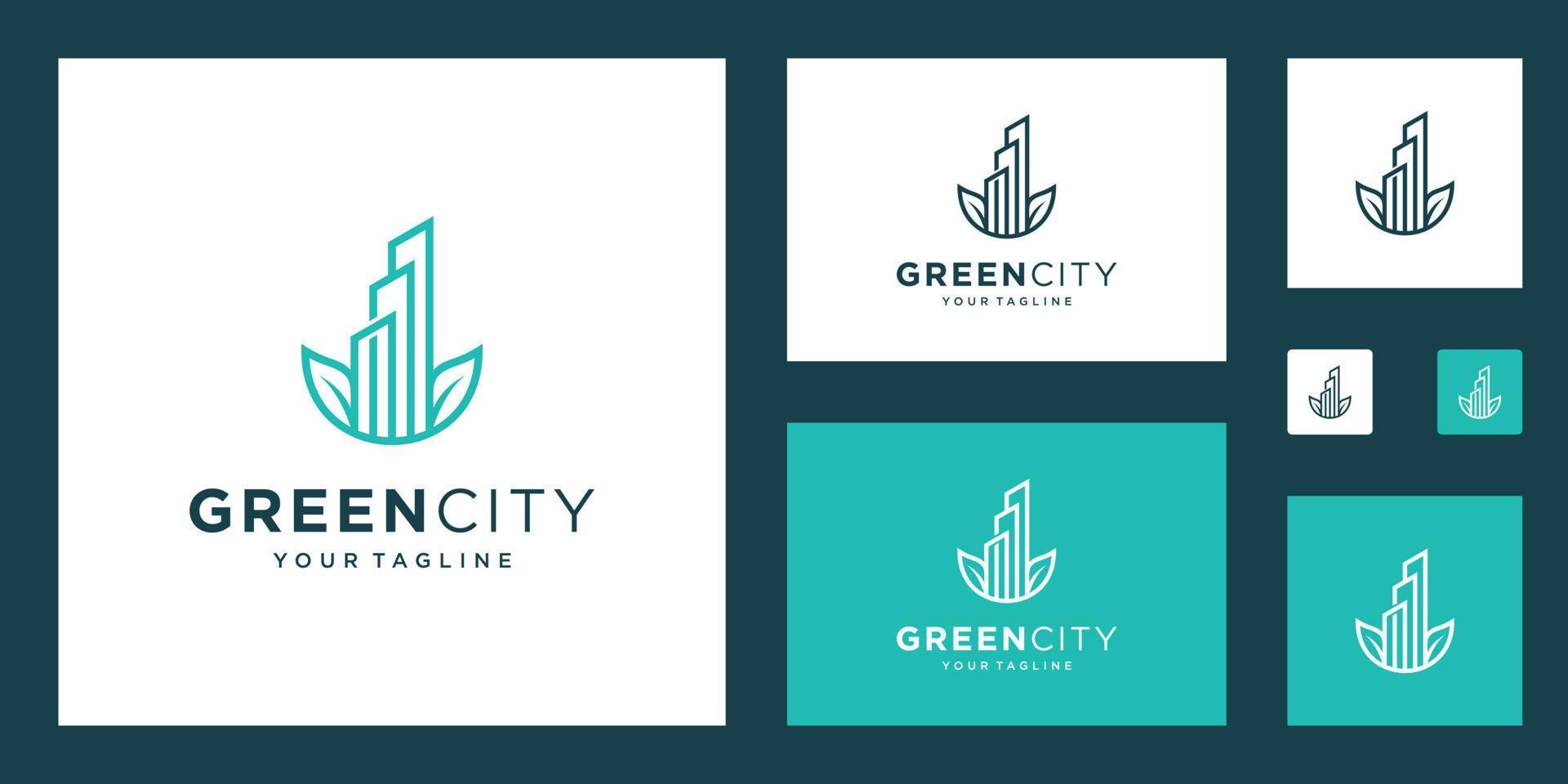 groen stad logo ontwerp vector sjabloon gebouw. minimalistische schets symbool voor milieuvriendelijk vriendelijk gebouwen.