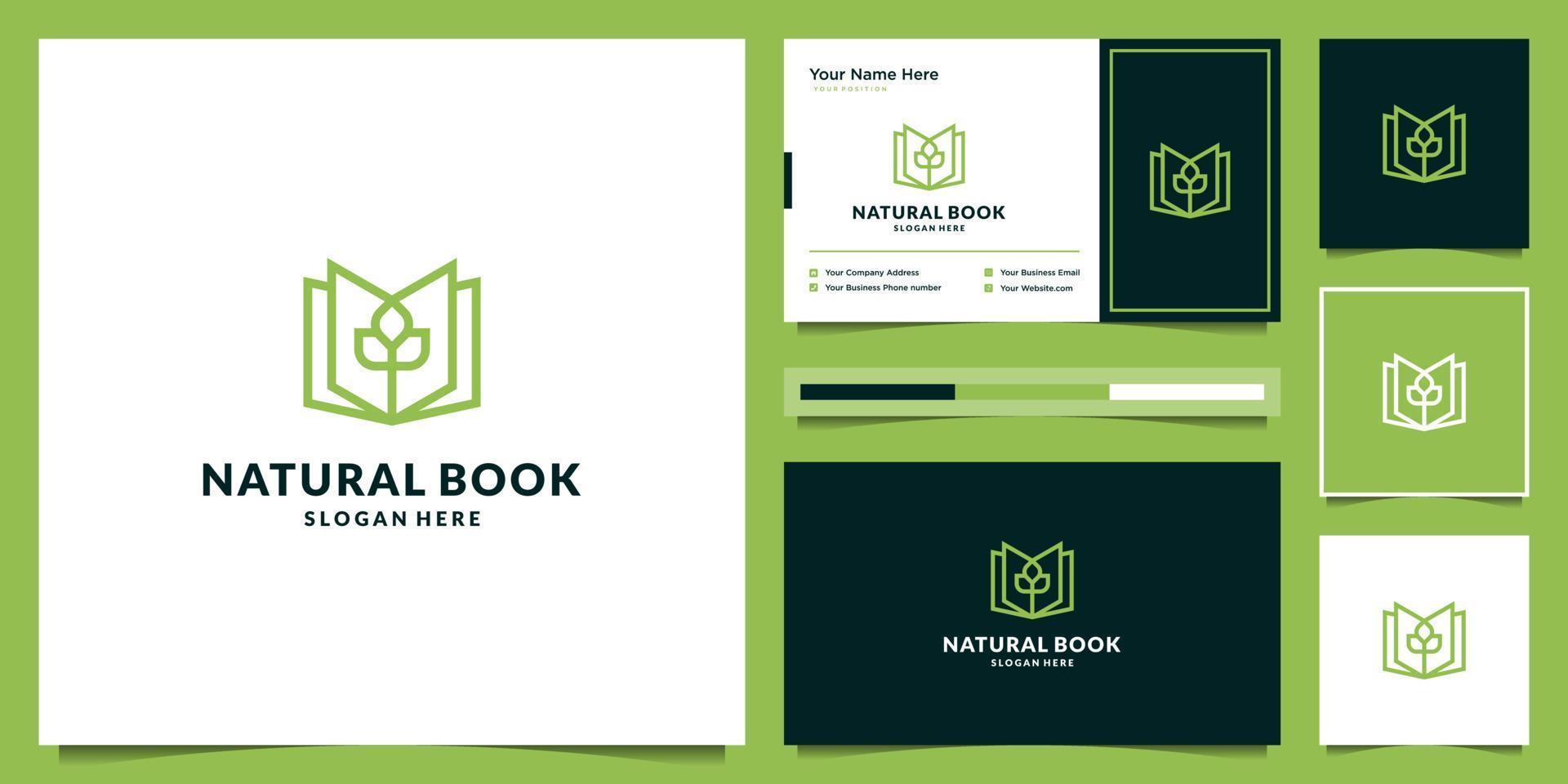 creatief natuurlijk boek met lijn kunst stijl, minimalistische logo ontwerp sjabloon en bedrijf kaart. vector