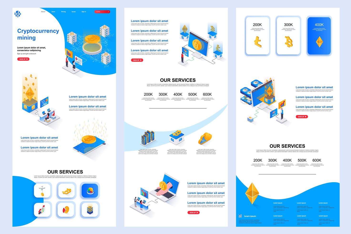 cryptocurrency mining isometrische bestemmingspagina. vector