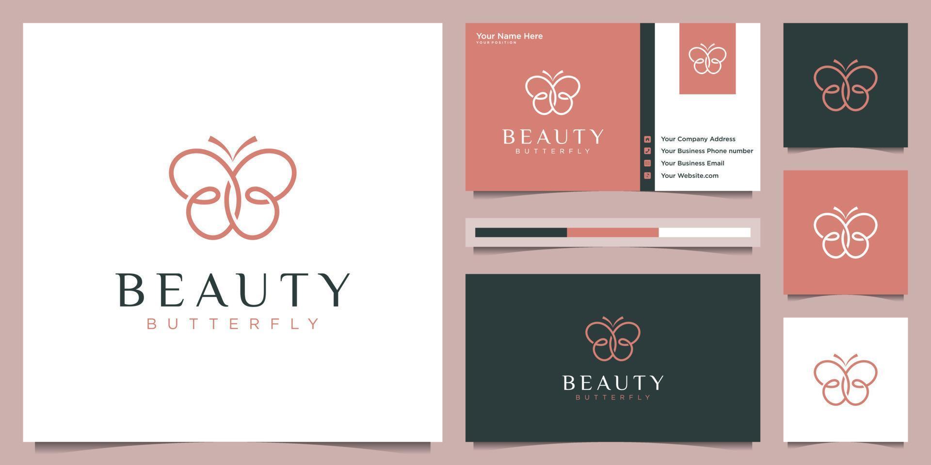 vlinder logo ontwerp en bedrijf kaart. schoonheid logo concept met oneindigheid lus voering stijl. vector