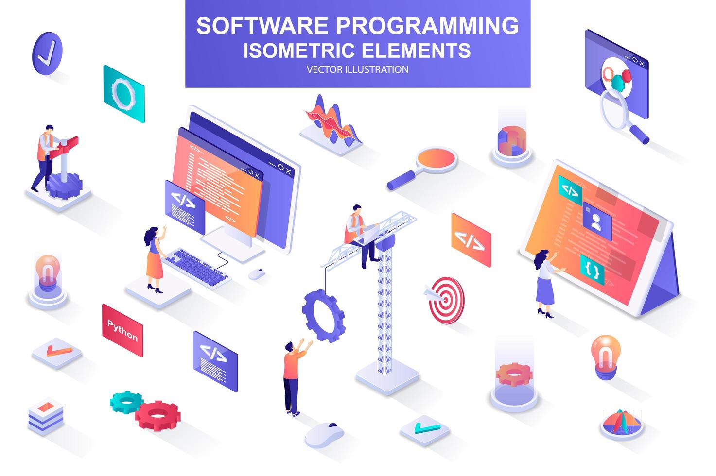 softwareprogrammeerbundel van isometrische elementen. vector