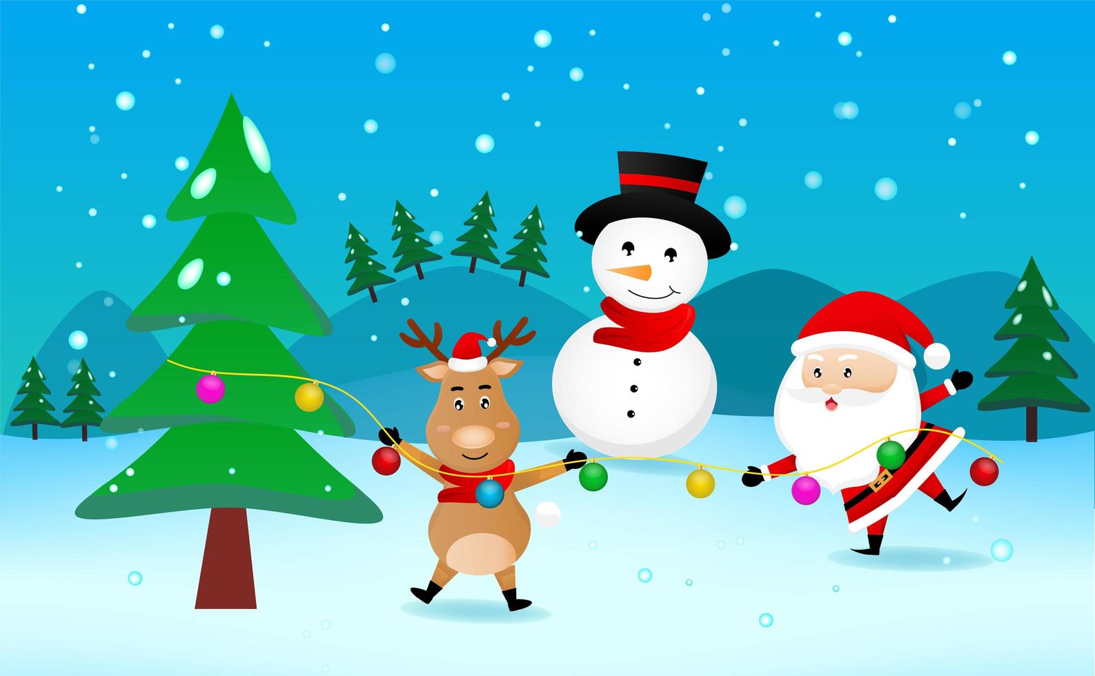 vrolijke rendiersanta en sneeuwman met kerstboom vector