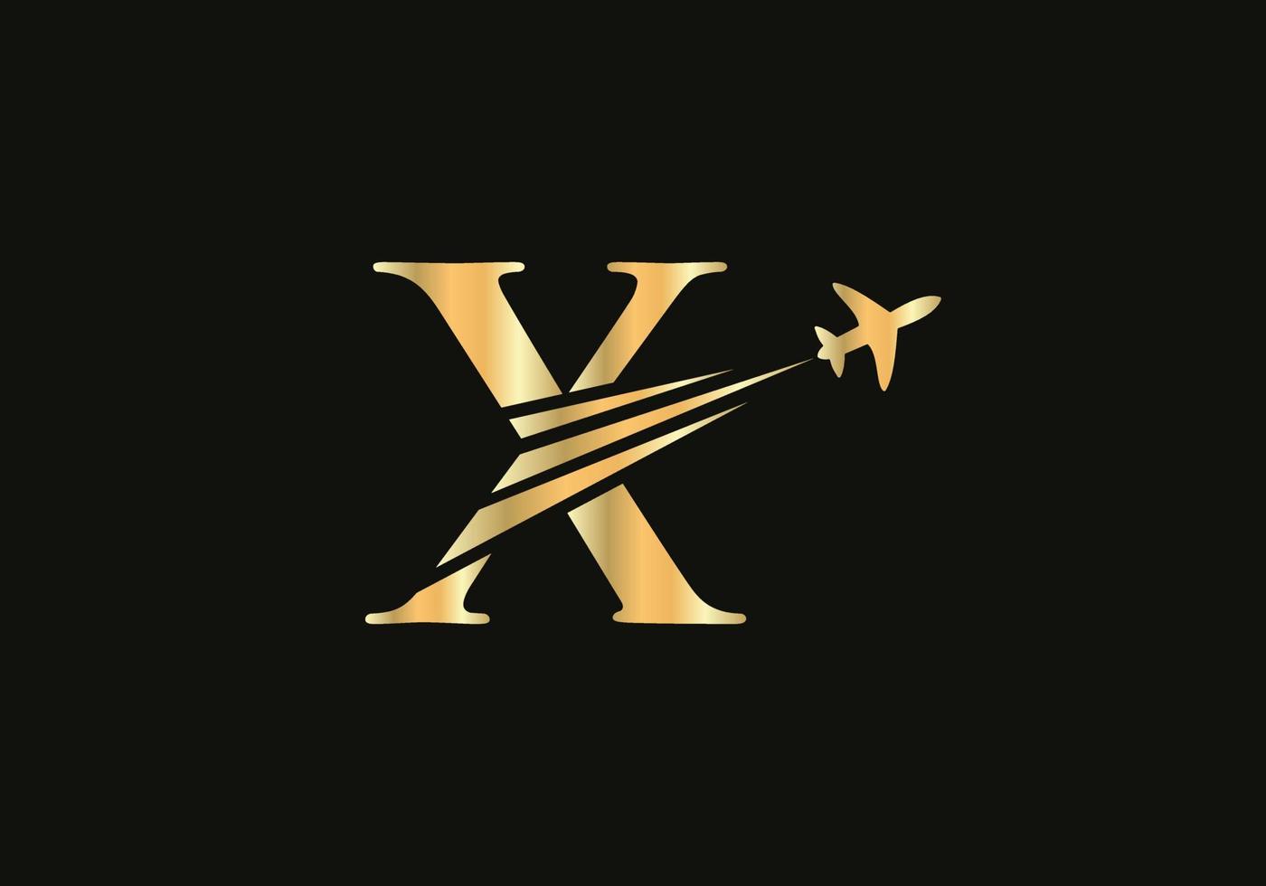 brief X reizen logo ontwerp concept met vliegend vliegtuig symbool vector