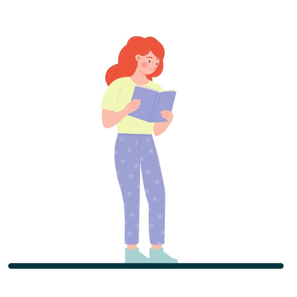 vrouw is wandelen en lezing een boek. vector illustratie