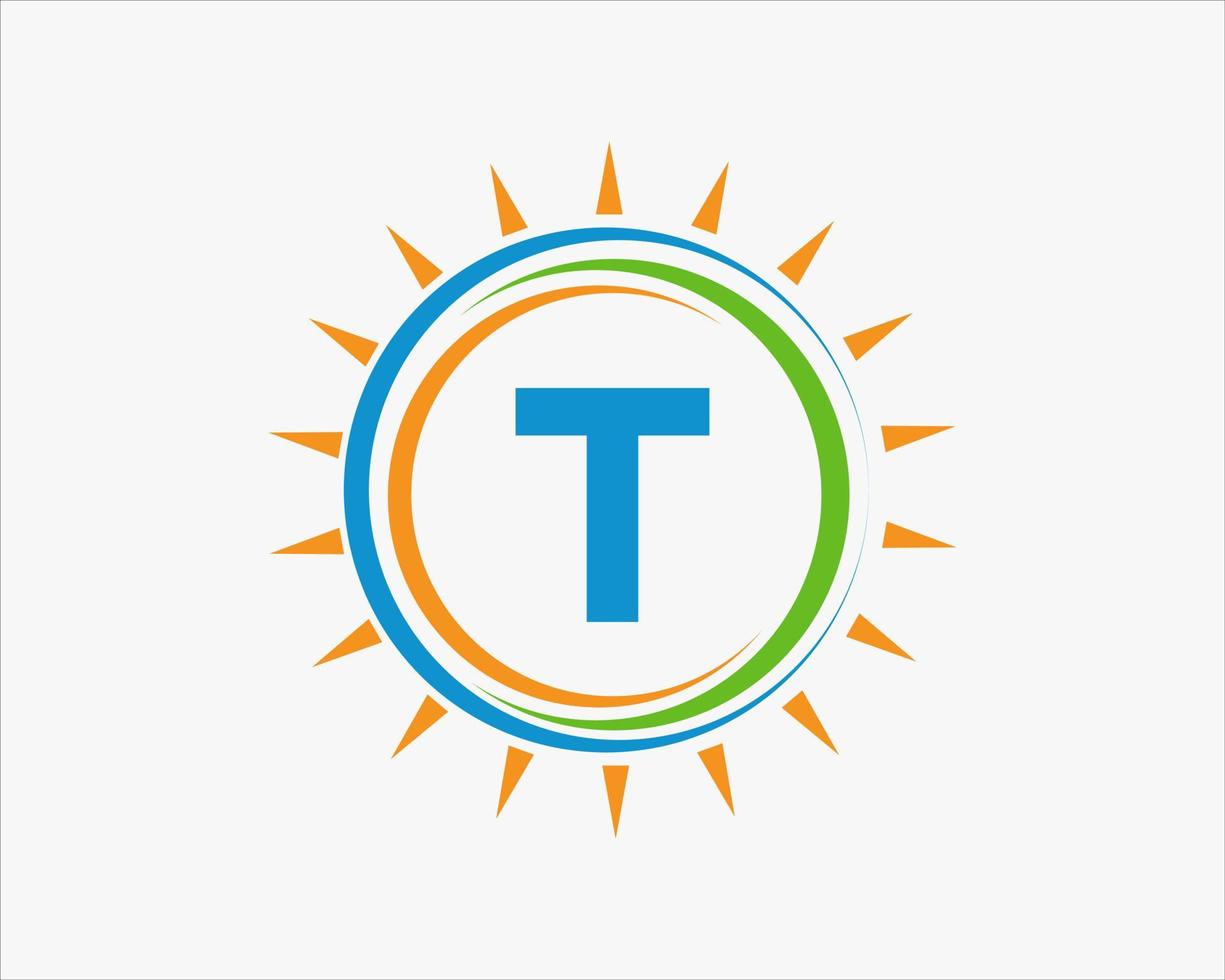 brief t zon logo. zonne- paneel boerderij elektrisch landbouw industrie logo sjabloon vector