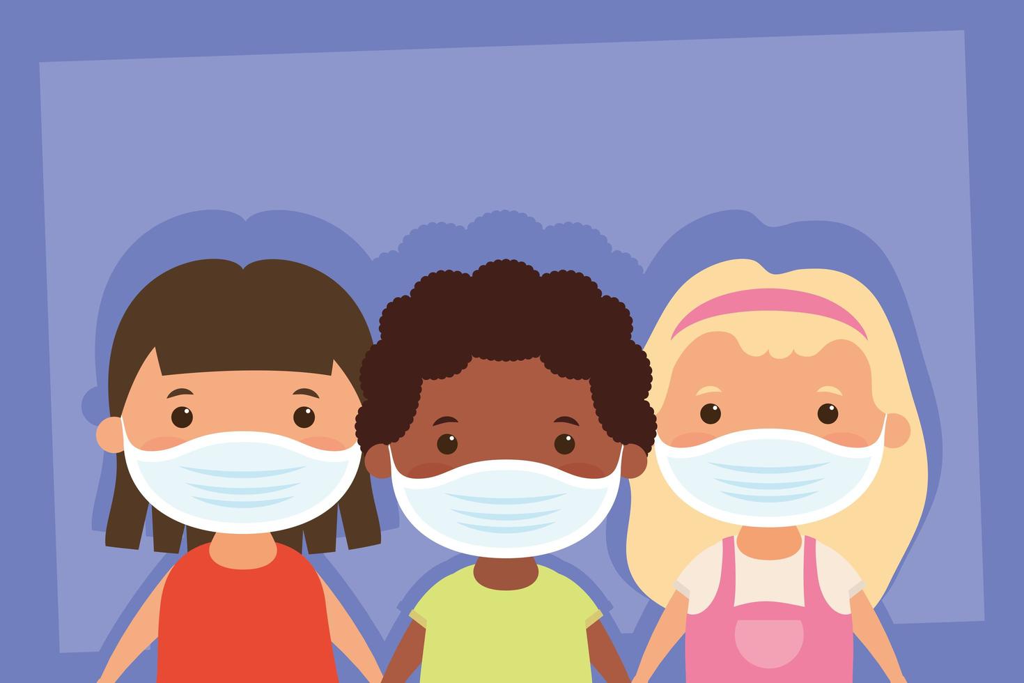 jonge kinderen karakters met gezichtsmaskers vector