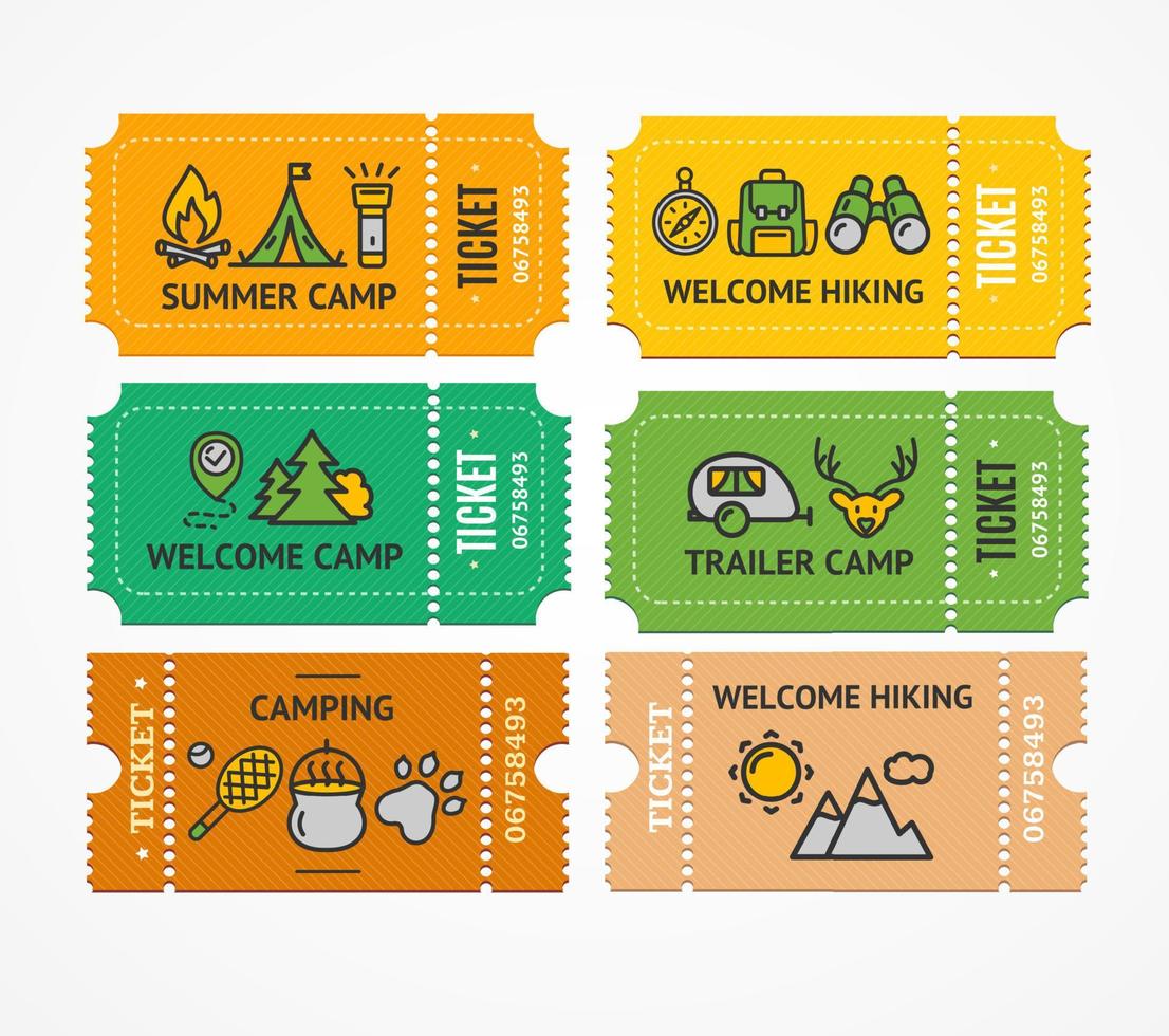 tekenfilm kleur camping ticket en dun lijn icoon set. vector