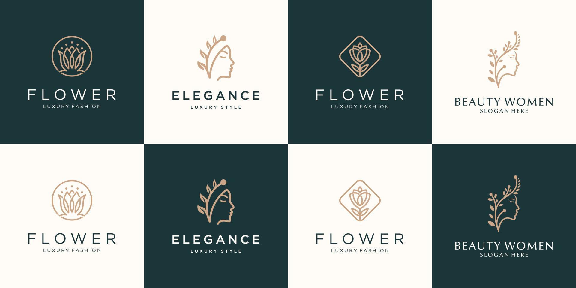 reeks verzameling vrouwelijk luxe schoonheid gezicht Dames lotus bloem en blad logo ontwerp vector