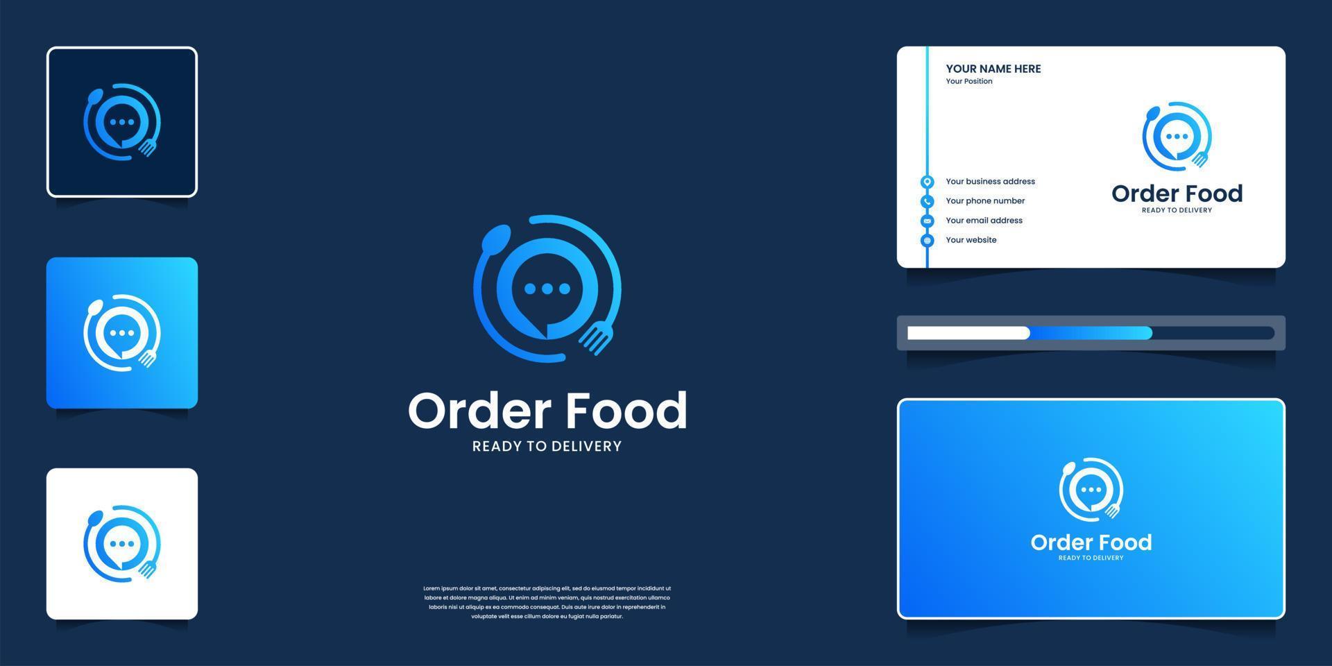 voedsel logo met app pictogrammen, restaurant, cafe. combineren praten, vork, lepel logo ontwerp en bedrijf kaart. vector