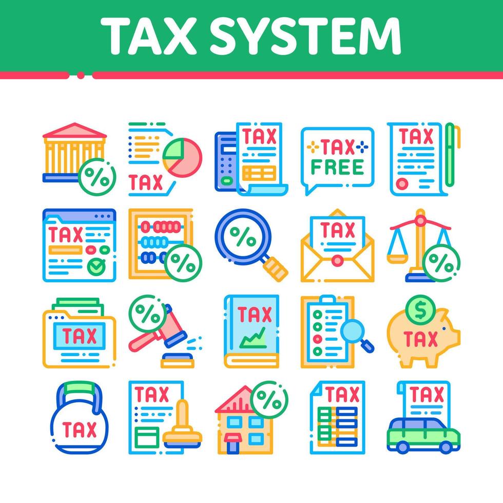 belasting systeem financiën verzameling pictogrammen reeks vector
