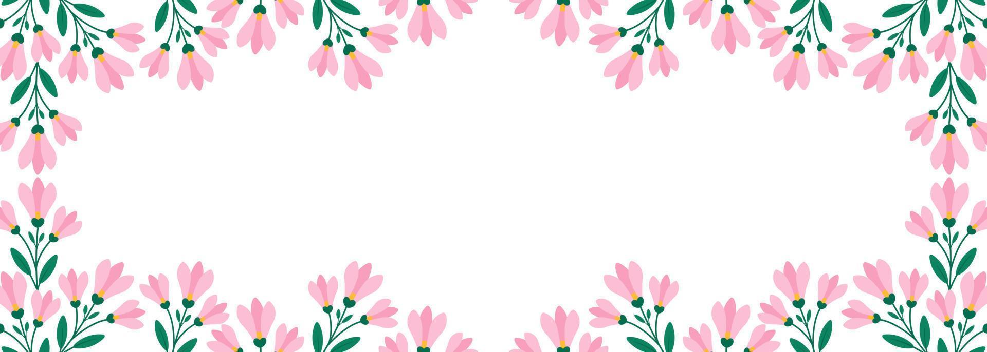 bloemen horizontaal grens, twijgen met roze bloemen en bladeren in vlak stijl. vector sjabloon