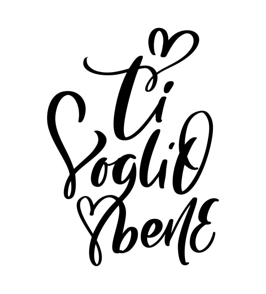 ik liefde u Aan Italiaans ti voglio goed. zwart vector schoonschrift belettering bruiloft tekst met hart. vakantie citaat ontwerp voor Valentijn groet kaart, uitdrukking poster