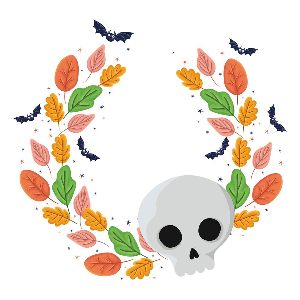halloween-schedel en vleermuizen met bladerenontwerp vector