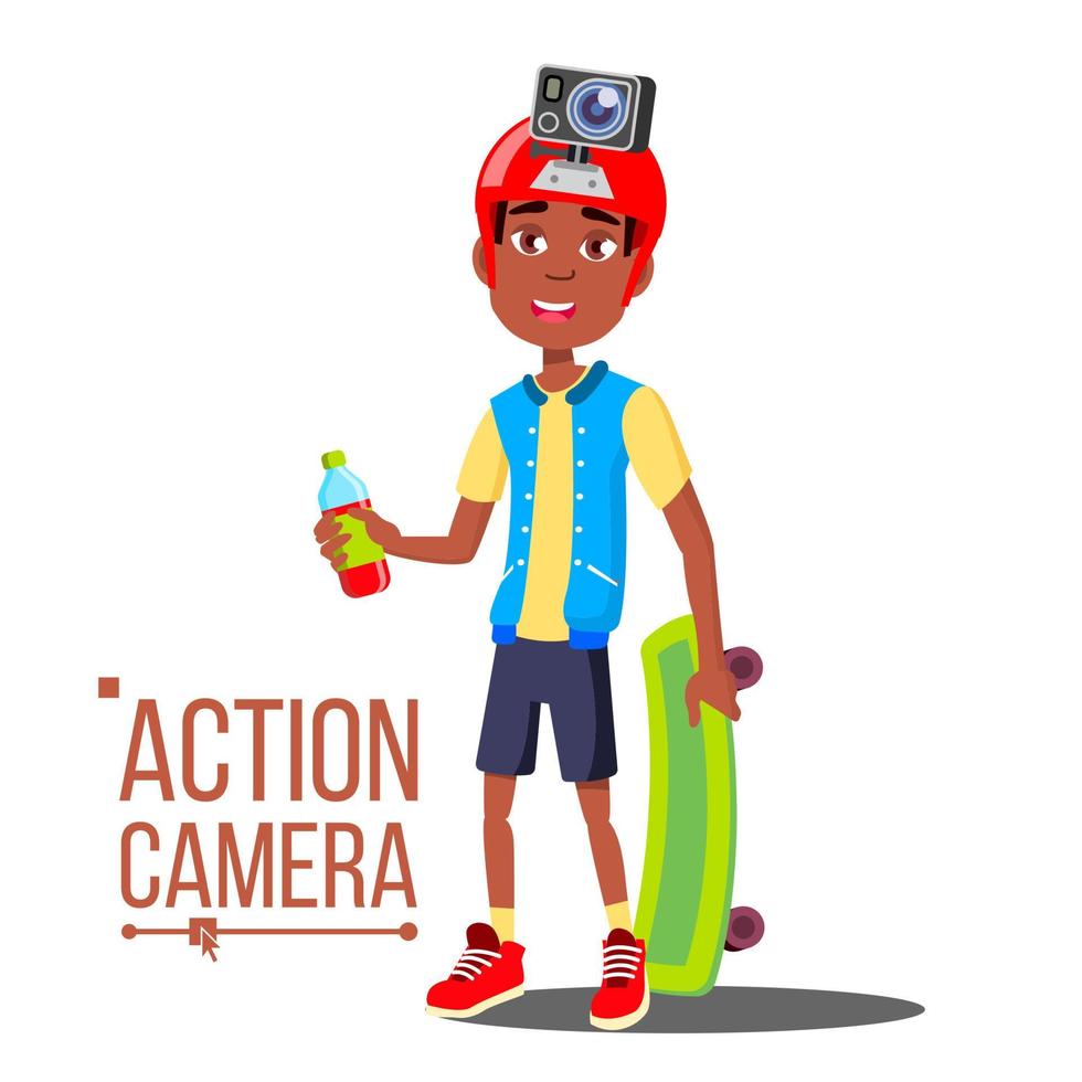 kind jongen met actie camera vector. afro Amerikaans tiener. rood helm. het schieten werkwijze. actief type van rust uit. geïsoleerd tekenfilm illustratie vector