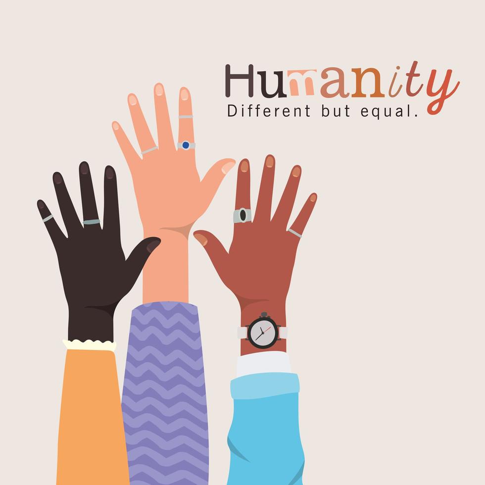 mensheid verschillend maar gelijk en diversiteit handen vector