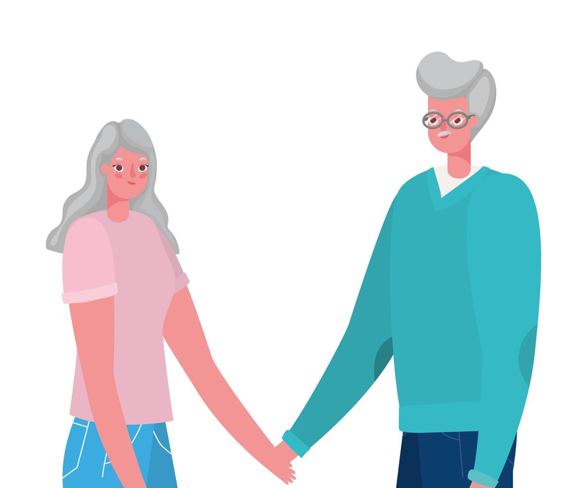 senior vrouw en man tekenfilms hand in hand vector