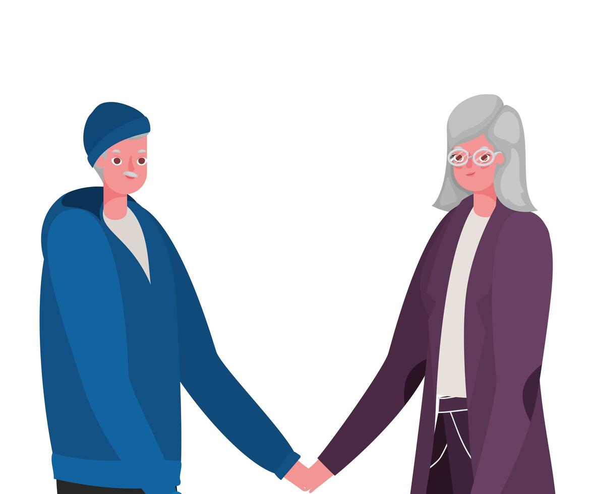 senior vrouw en man tekenfilms hand in hand vector