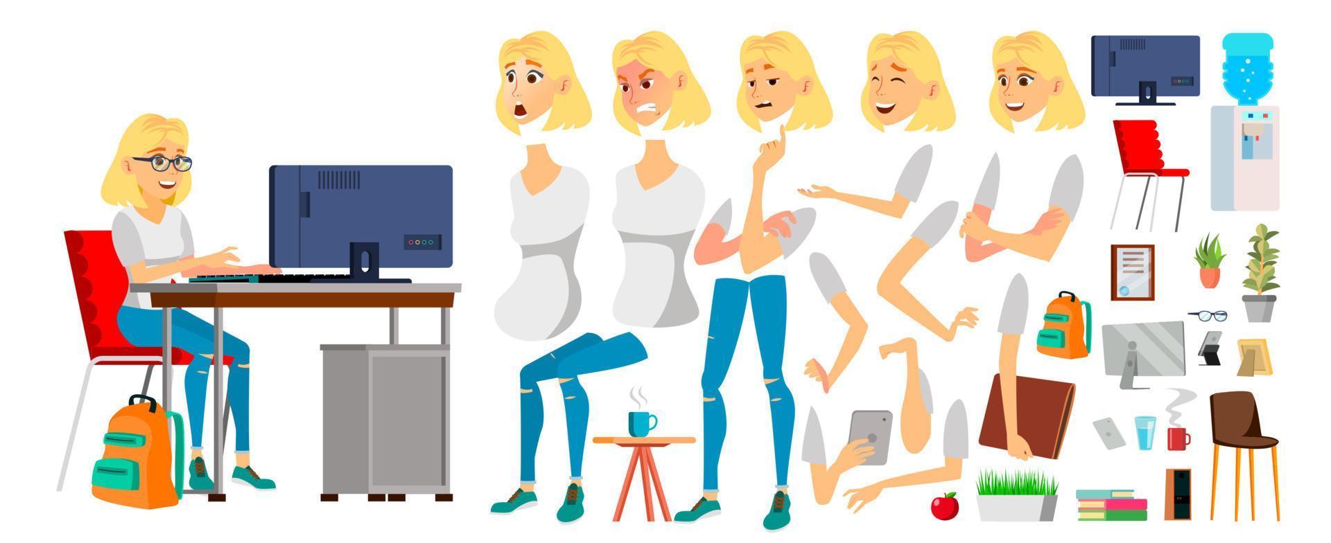 bedrijf vrouw karakter vector. werken vrouw blond meisje. bedrijf karakter werken Bij kantoor bureau. animatie set. aantrekkelijk dame. emoties. tekenfilm illustratie vector