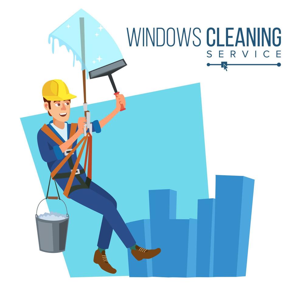 ramen schoonmaak onderhoud vector. venster wasmachine is schoonmaak hoog gebouw. het wassen ramen van de modern gebouw. vlak tekenfilm illustratie vector
