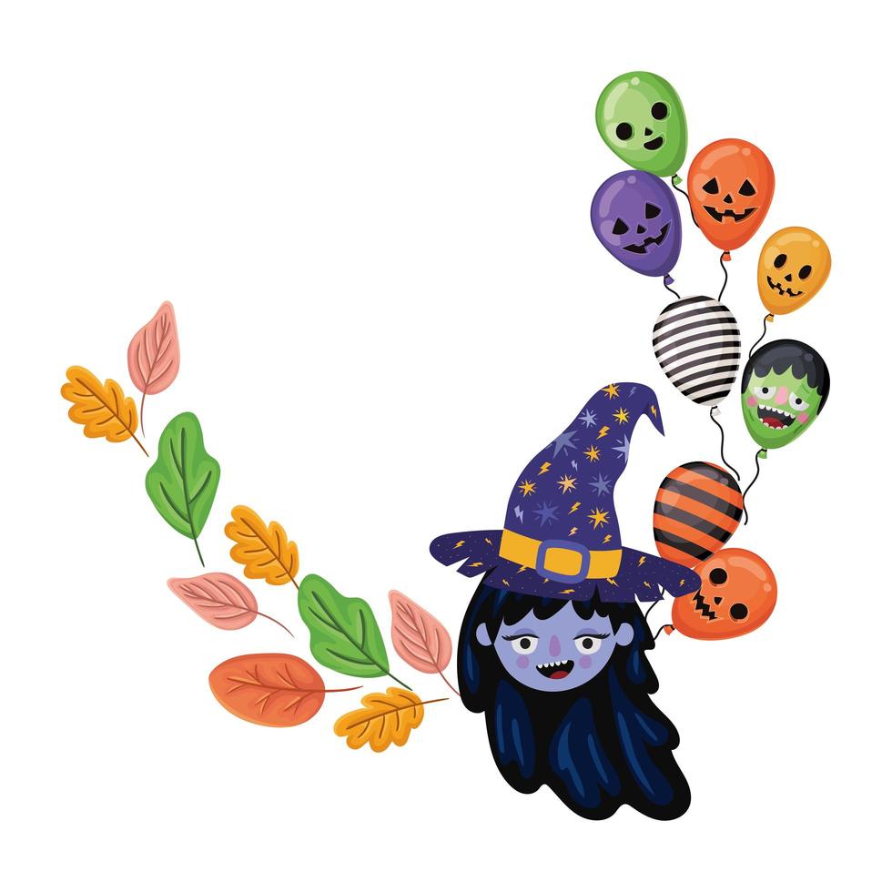 halloween-heksenbeeldverhaal met bladeren en ballonsontwerp vector