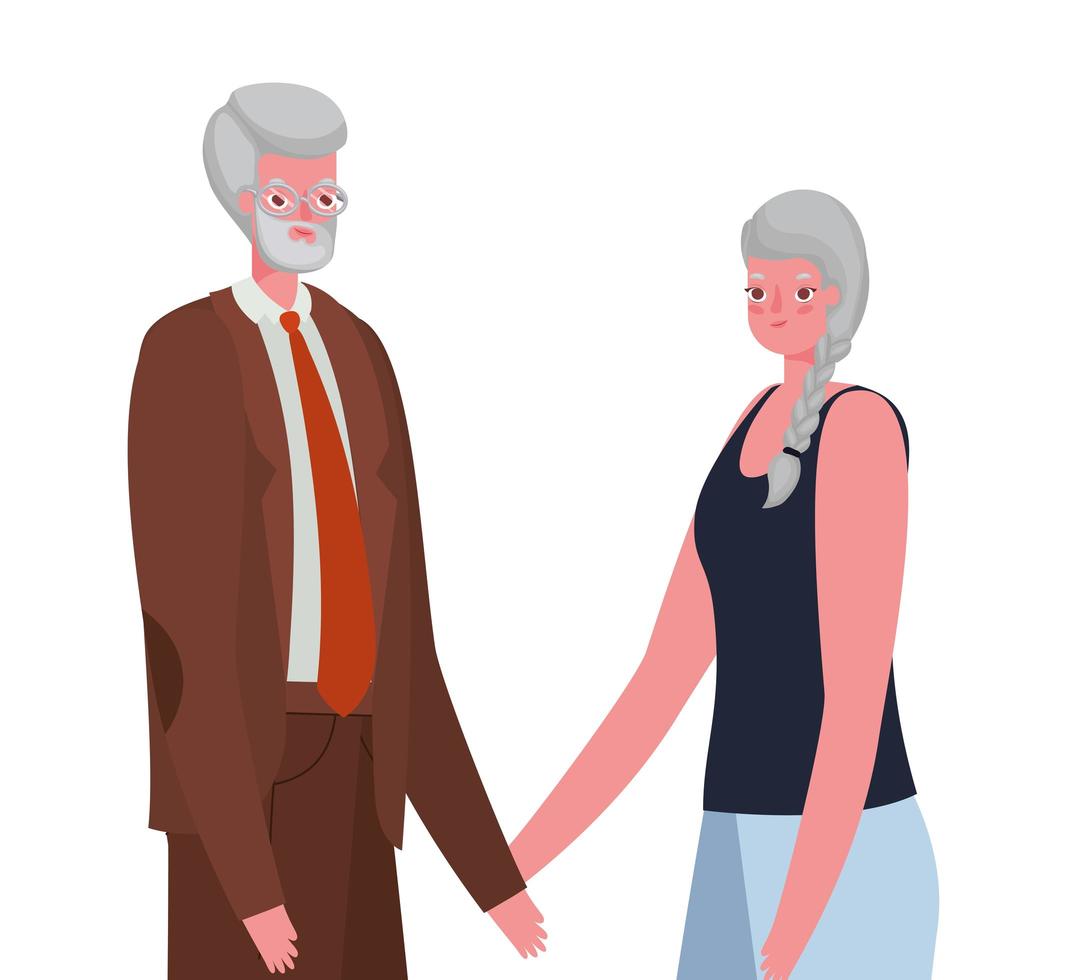 senior vrouw en man tekenfilms hand in hand vector