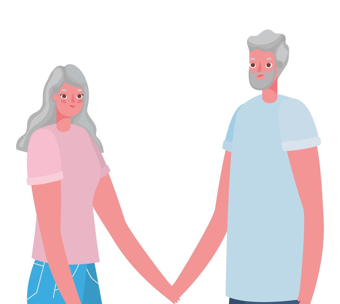 senior vrouw en man tekenfilms hand in hand vector