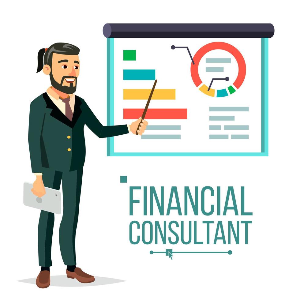 financieel consultant vector. zakenman met schoolbord. professioneel steun. Onderzoek grafieken markt. bedrijf beheer. diagrammen, grafieken financieel rapporten. geïsoleerd vlak karakter illustratie vector