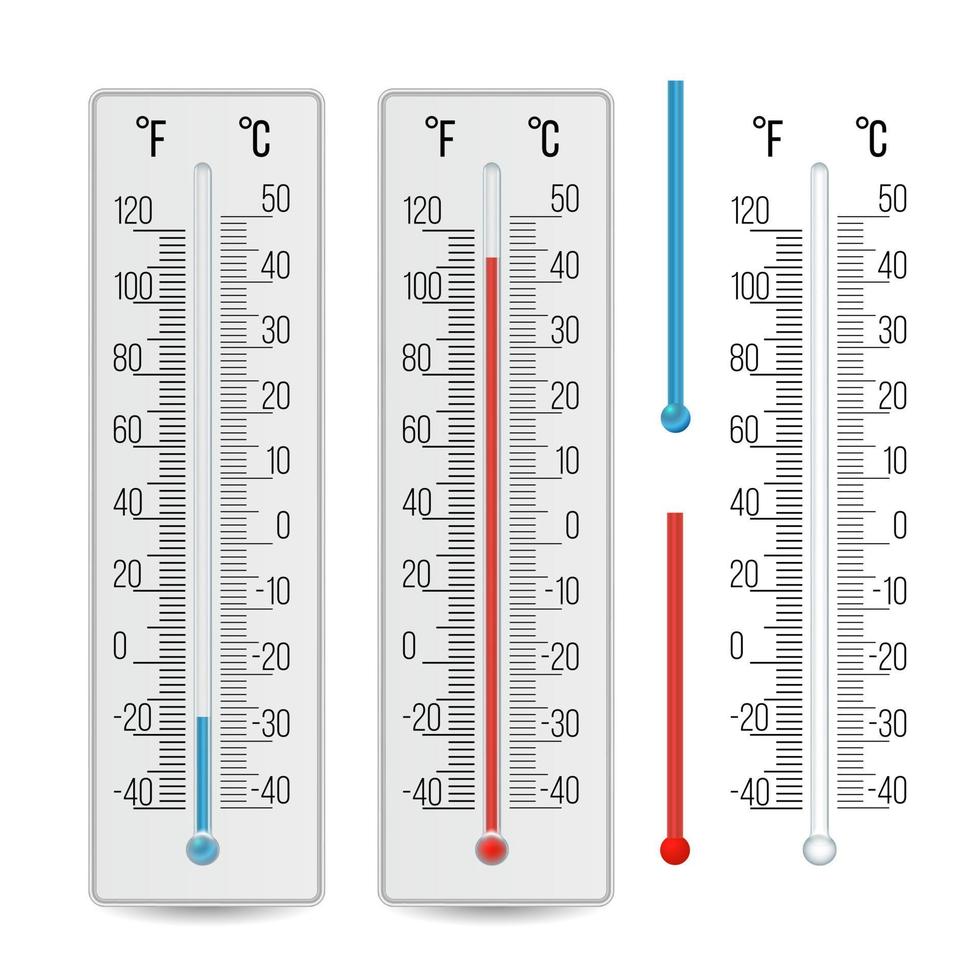 thermometer vector. buitenshuis, binnen- alcohol thermometers set. geïsoleerd illustratie vector