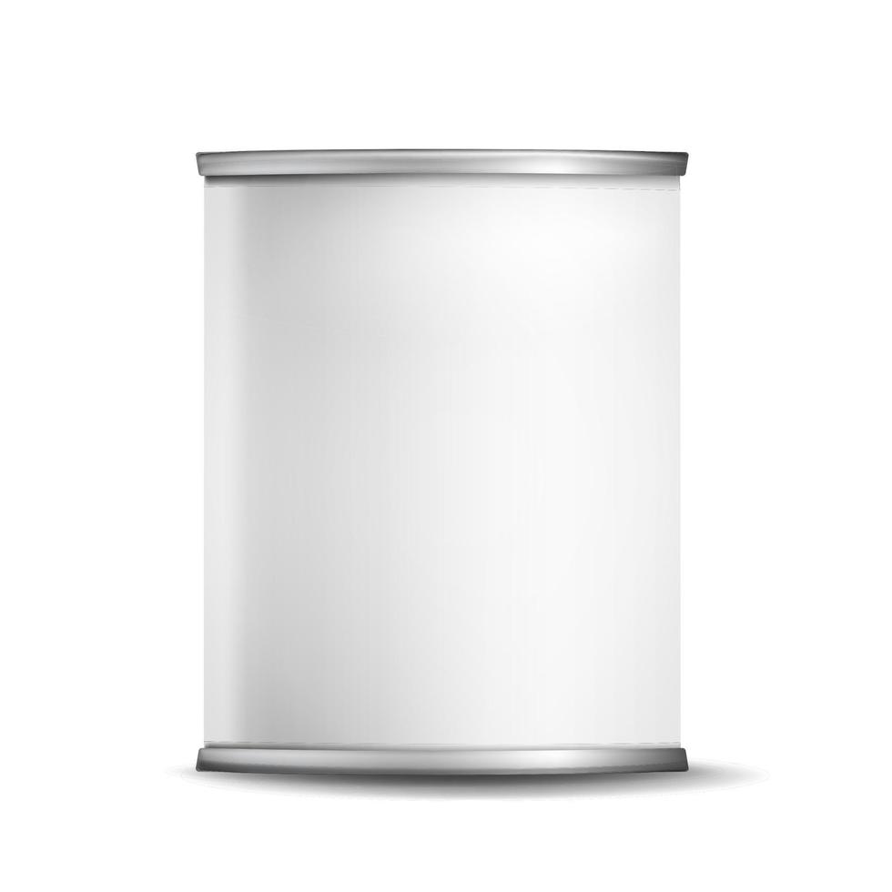 metaal blik doos kan vector. 3d realistisch leeg verpakking container. voor baby poeder melk, thee, koffie, graan. bespotten omhoog blanco geïsoleerd Aan wit achtergrond illustratie vector