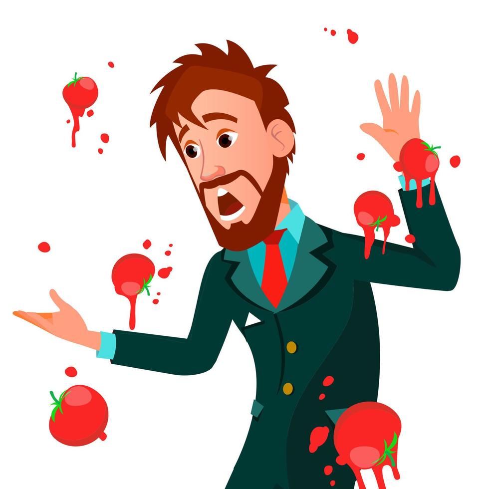 zakenman hebben tomaten mislukken toespraak vector. niet succesvol presentatie. slecht openbaar toespraak. Europese Mens hebben tomaten van menigte. geïsoleerd illustratie vector