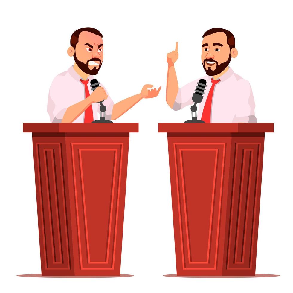 spreker Mens vector. podium met microfoon. geven openbaar toespraak. debatten. presentatie. geïsoleerd vlak tekenfilm karakter illustratie vector